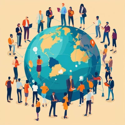 An image of a global community of small business owners, supporting each other and connecting on a deep level